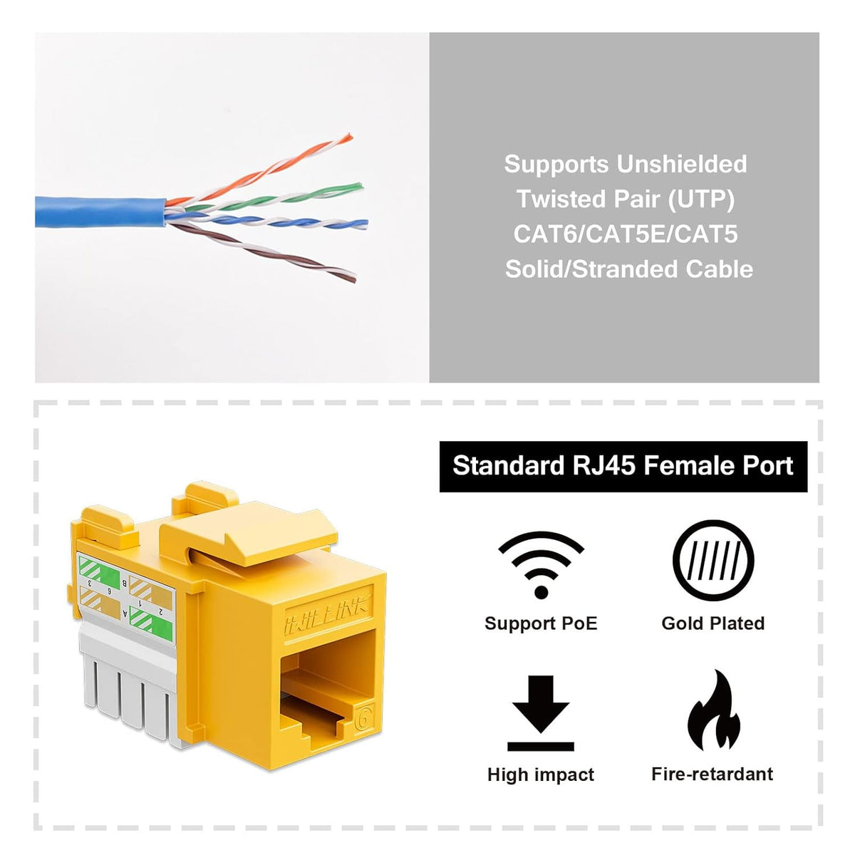 iwillink 10Gbps Cat6 Keystone Jack and Punch-Down Stand, 50-Pack, RJ45 Ethernet Keystone Jacks, 90-Degree UTP Modular Punch Down Keystone Jack Adapter, Yellow