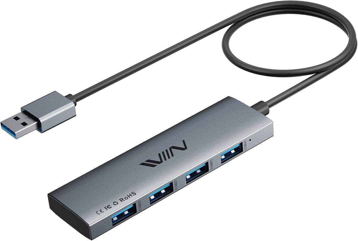 USB 3.0 Hub,4 Port USB Splitter Extender Portable Adapter Multiport Data Hub for Laptop,Xbox, Flash Drive,HDD,Console,Camera,Keyborad,Mouse Windows,Mac OS PC,Not Designed to Charge Devices-Grey