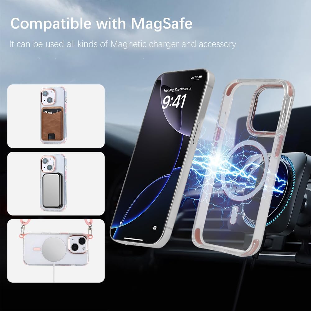 for iPhone 13/14 Case with 62.99 inch Lanyard, Classic Clear&Pink Magnetic Phone Case, Drop&Shockproof Protection Cases, Phone Lanyard for Around The Neck, Compatible with Magnet Accessory