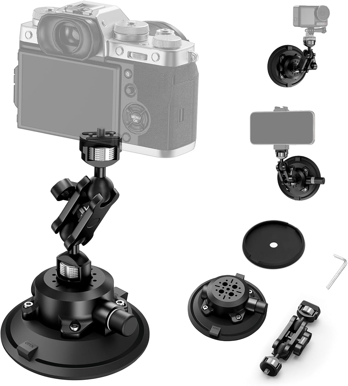 Camera Suction Cup Mount with Ball Head Magic Arm,4.5" Metal Vacuum Suction Cup Mount Car Windshield Dash Mount for Action Camera/Phone Holders with 1/4",1/8" Holes(Black)