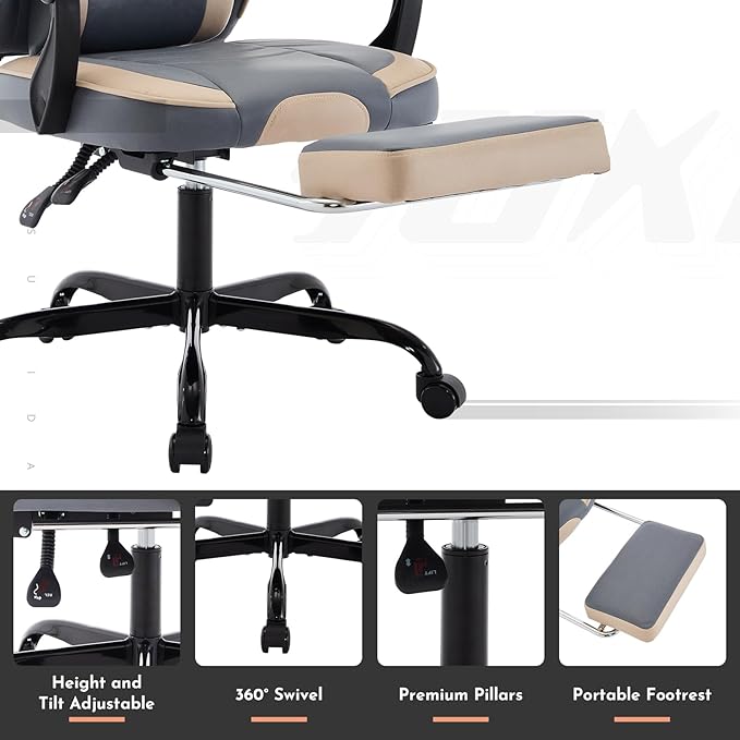 Beige+Blue Ergonomic Gaming Chairs for Adults Swivel Height Adjustable Comfortable Office Desk Chair with Footrest and Lumbar Support PU Upholstered Computer Chair with Headrest (Beige+Blue)