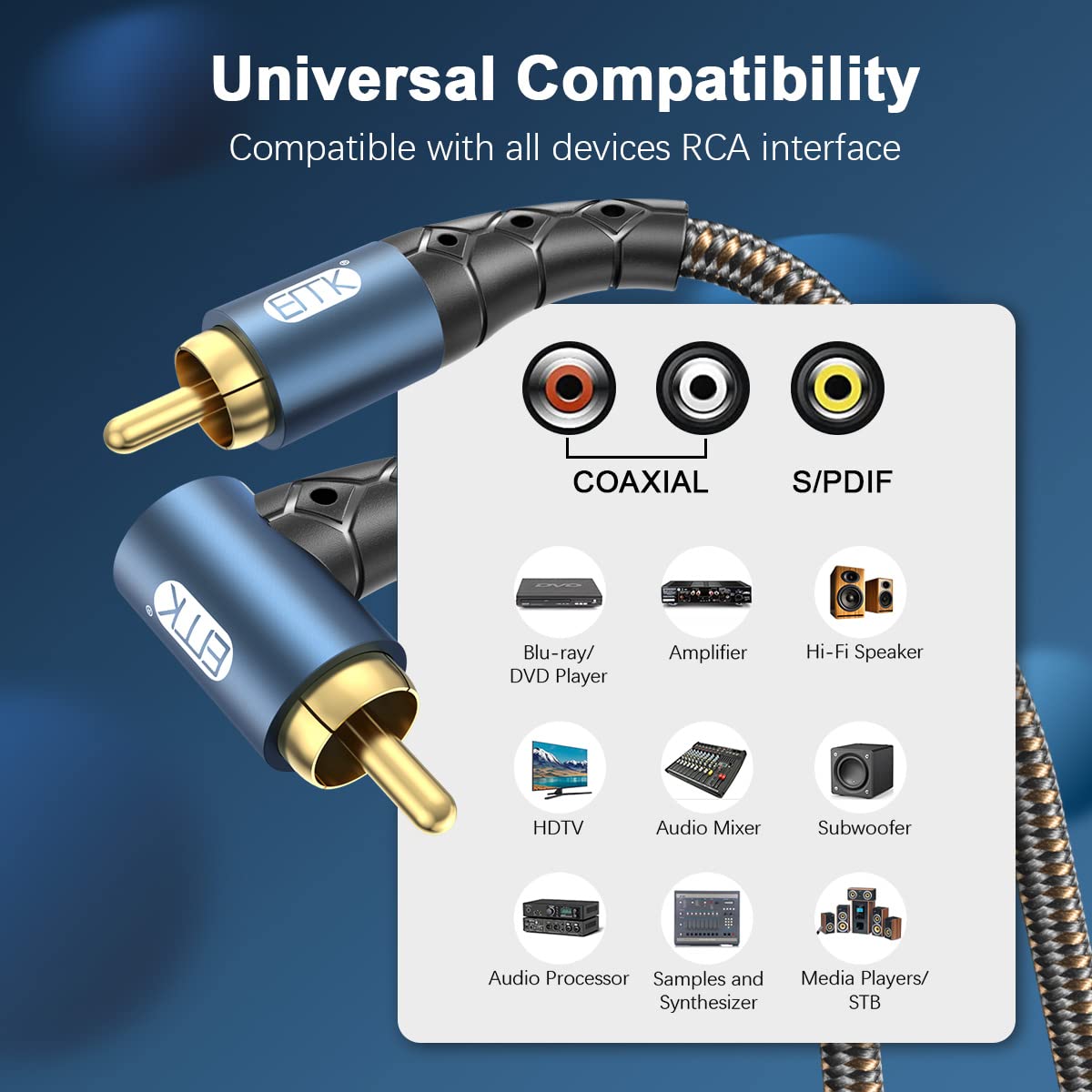 EMK RCA Subwoofer Cable 90 Degree RCA to RCA Audio Cable 24K Gold-Plated Nylon Braided Double Shielded Digital Analogue Supports Amplifiers,Home Theater,Hi-Fi Systems,Subwoofer(50ft/15m)