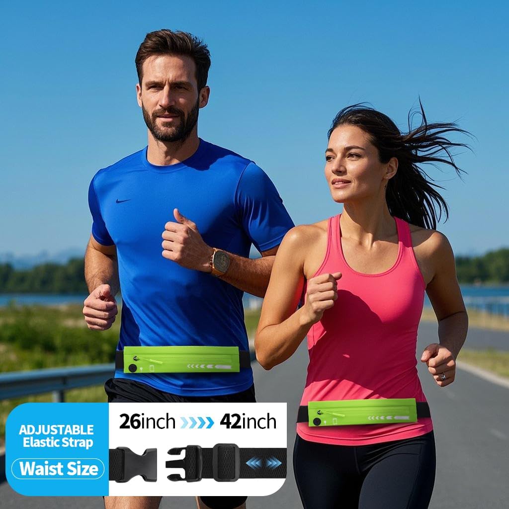 USHAKE Slim Running Belt for Women Men-Runners Phone Holder Fanny Pack, Adjustable, Bounce Free Waist Pouch bag for Workout, Money Belt, Run Gear Accessories Neo Green
