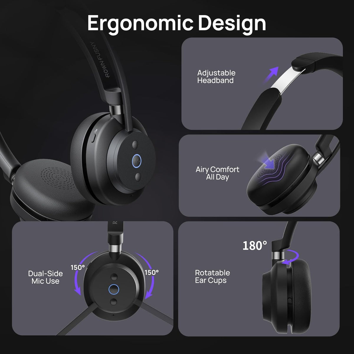 Wireless Headset, Bluetooth Headphones & 2.4G USB Dongle with Noise Cancelling Mic, Mute Button - for PC, Laptop, Call Center, Home Office, Zoom, Teams Meeting