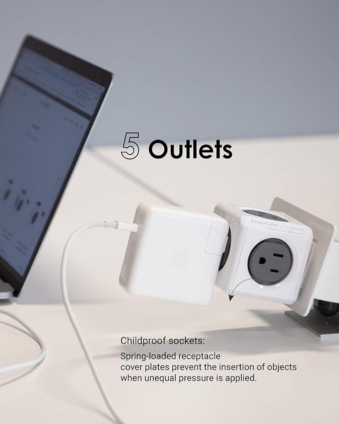 Allocacoc PowerCube Original 5 outlets, Surge Protector Wall Plug Charger Outlet Multiplier, Compact for Travel Home Office Dorm workspace 1875W 125V 15A ETL(Grey)