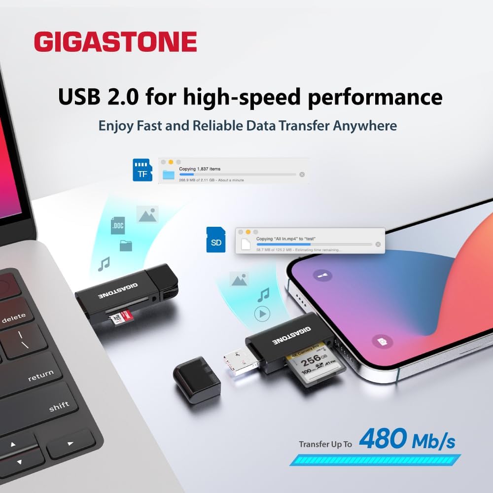 Gigastone 5-in-1 iPhone16/15, SD Card Reader, USB-A/USB-C Card Reader, Dual Slot for SD/Micro SD/SDHC/SDXC, Compatible