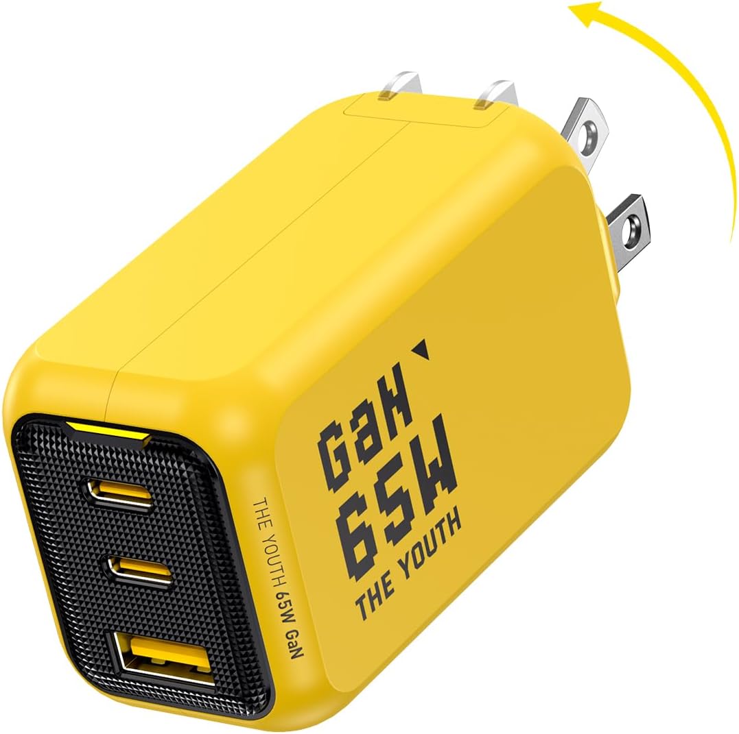AOHI Youth 65W GaN+ USB C Charger Block, 3-Port PPS Type C Compact Foldable Laptop Fast Wall Charger for MacBook Pro/Air, iPad Pro, iPhone 16/15 Pro Max, Galaxy S24, Pixel, Steam Deck and More, Yellow