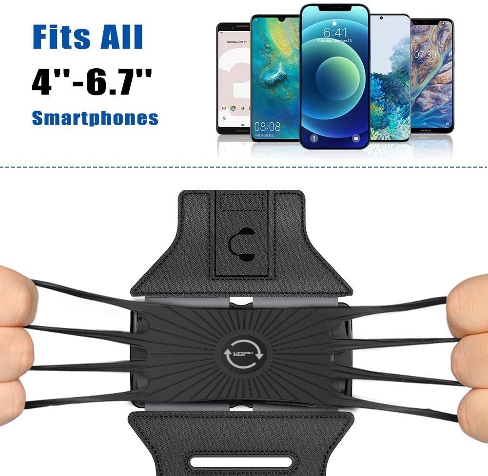 VUP Running Armband 360°Rotatable for iPhone 16/15/14/13/Pro Max/Pro/Mini/12/11/SE/Xs/XR/X/8/7/Plus, Fits All 4-6.7 Inch Smartphones, with Key Holder Phone Armband for Running Hiking Biking (Black)