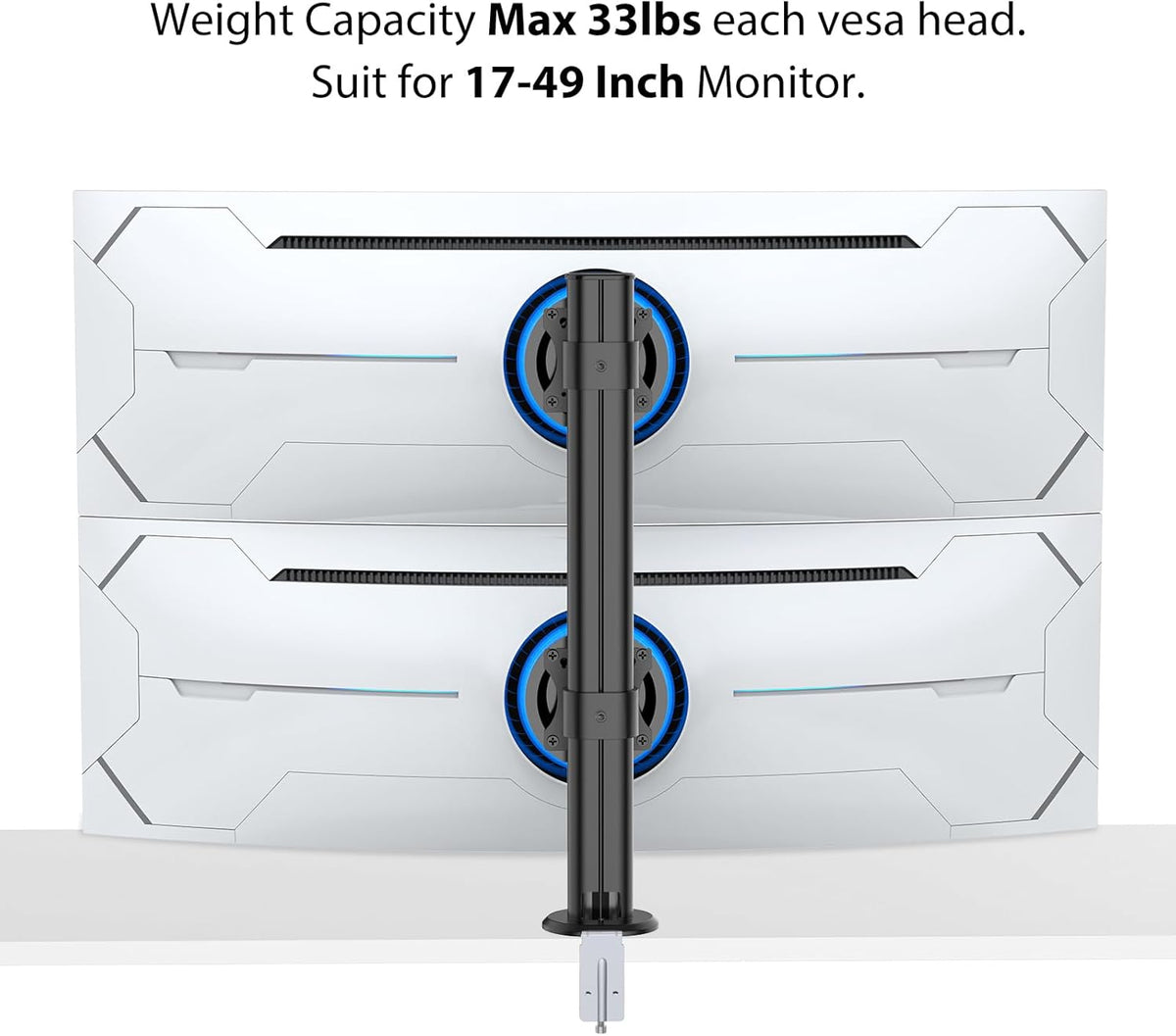 BEWISER Dual Monitor Stand Desk Mount- Vertical Heavy Duty Monitor Riser Fits Two 17 to 49 Inch Screen with Swivel, Tilt, Height Adjustable,weight capacity up to 33 lbs，BL200-B