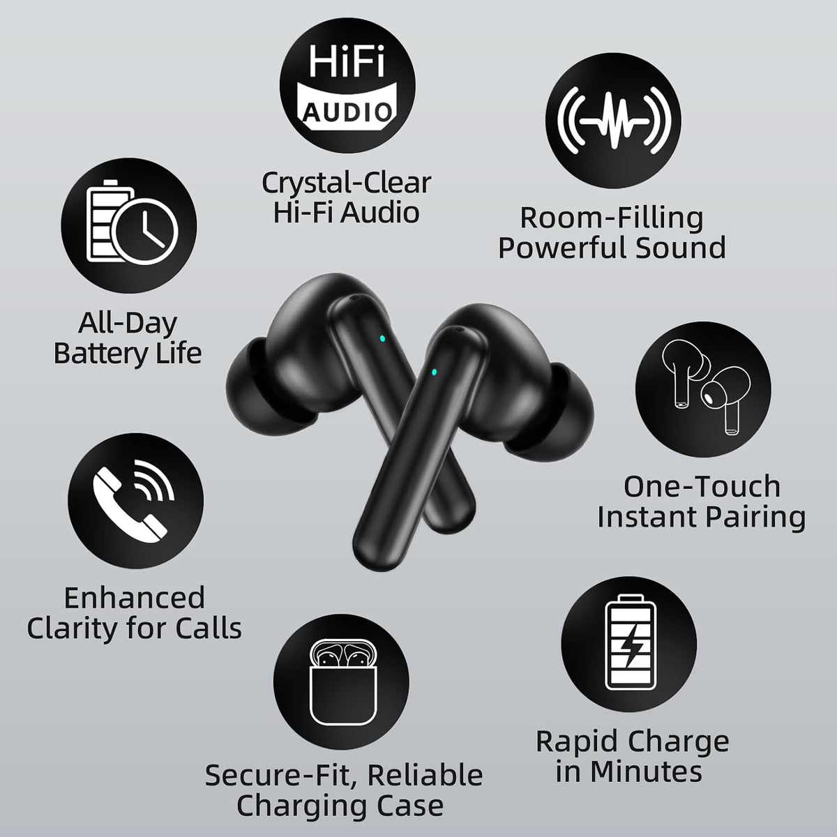 60 Wireless Earbuds, Earbuds with Big Bass Stereo, Lightweight Bluetooth Headphones, Hours Playtime (Black)