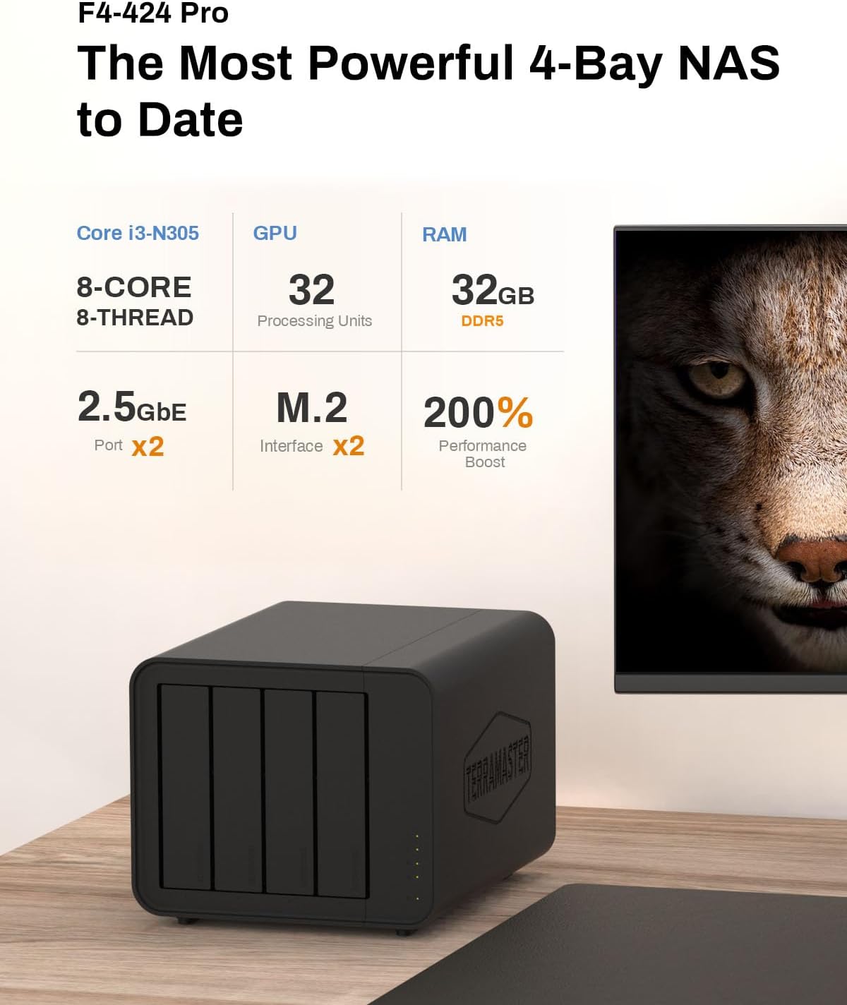 TERRAMASTER F4-424 Pro NAS Storage - 4Bay Core i3-N305 8-Core 8-Thread CPU, 32GB DDR5 RAM, 2.5GbE Port x 2, Network Attached Storage Peak Performance for Business (Diskless) Black