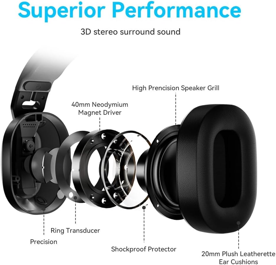 2.4GHz Wireless Gaming Headset for PC, PS5, PS4, Switch - Bluetooth 5.4, 20H Battery, with ENC Noise Canceling Microphone, Cool Lighting, 40mm Drivers,for Wired Mode Xbox Series -Black