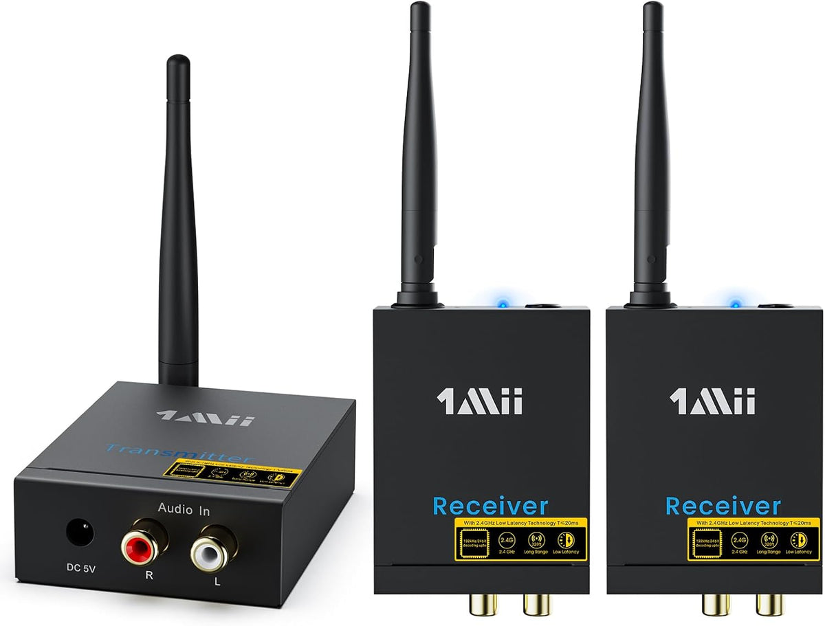 1Mii 3-in-1 2.4GHz Wireless Audio Transmitter and Receiver for TV, 20ms Ultra Low Delay RCA Out/in, 320 ft Range Wireless Adapter for Subwoofer to TV/PC/CD Player, 2 Receivers for Two Speakers