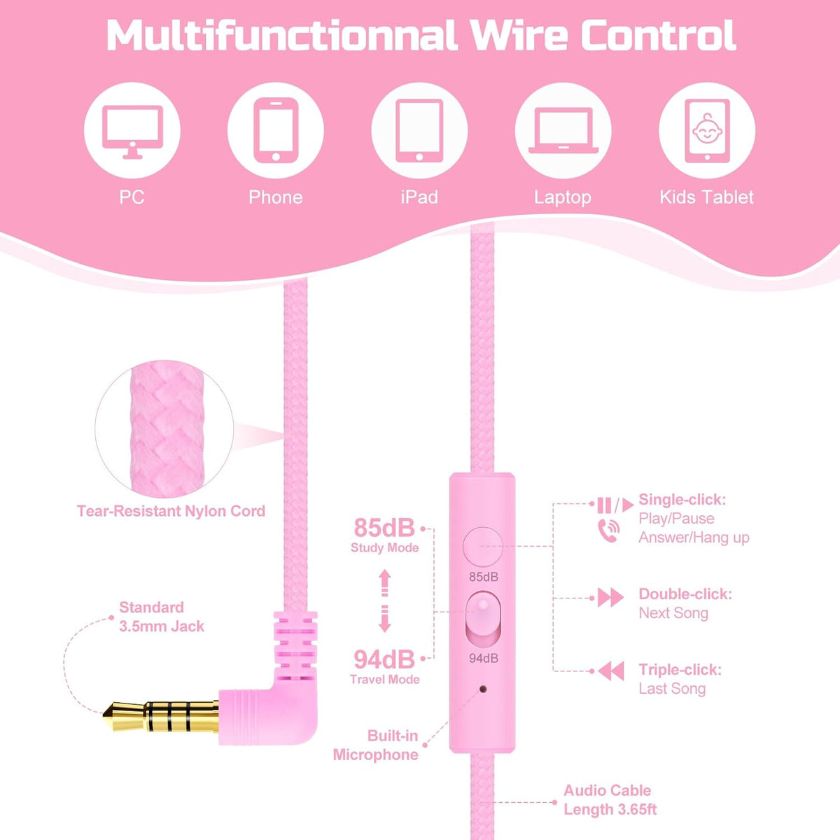 85/94dB Headset, QearFun Kids Cat Ear Headphones Wired with Mic, Safe Volume Limit, Sparkly Wired Foldable, Sharing