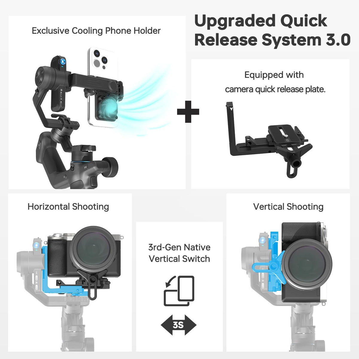 FeiyuTech SCORP Mini 3 [Kit] Gimbal Stabilizer for Smartphone & Mirrorless Cameras, 4.41lbs Payload, Built-in AI Tracking, Quick Vertical Shooting, Bluetooth Control for Sony/Canon/Nikon/DJI/Gopro