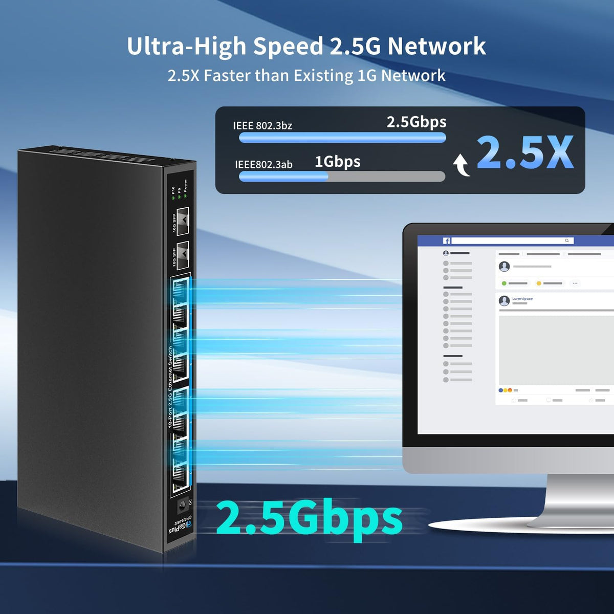 10 Port 2.5Gb Unmanaged Ethernet Switch with 8* 2.5G Base-T Ports, 2* 10G SFP+ Ports. GiGaPlus 2.5Gbps Network Switch for 2.5Gbps NAS/PC, WiFi6 Router, Wireless AP. Fanless Design, Plug and Play