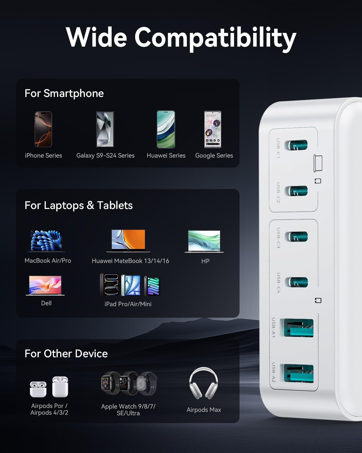 270W USB C Charger Block, Rocoren 6 Port Multi USB-C Charging Station,100W PD Fast USBC Gan Charger Station Hub Dock for Multiple Devices, Laptop Type C for MacBook/iPhone 16/iPad/Galaxy S25