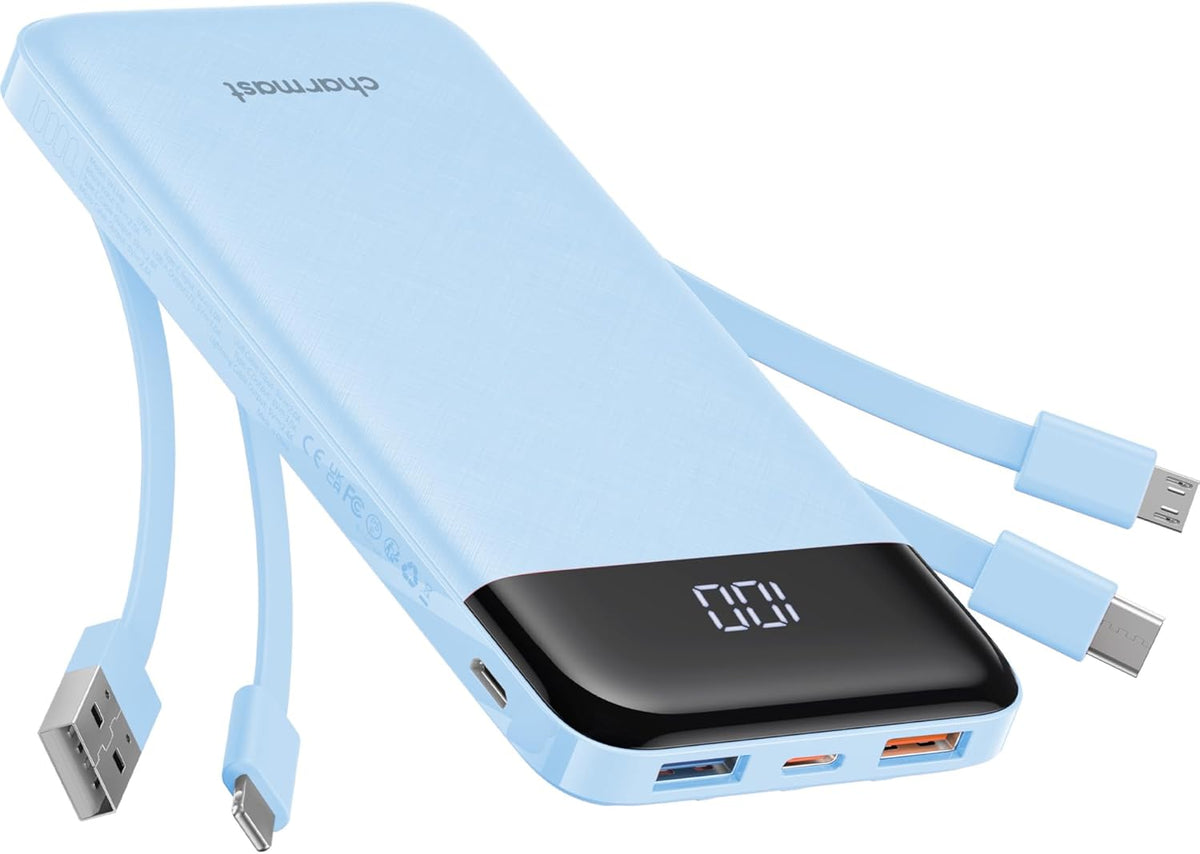 Charmast Portable Charger with Built in Cables, Power Bank with Cords Wires, Slim 10000mAh Travel Battery Pack 6 Outputs 3 Inputs 3A Fast Charging for Samsung Google Pixel LG Moto iPhone iPad