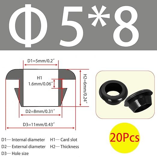 Qrity 20x Rubber Grommets ID 5mm Mount 8mm for Cable