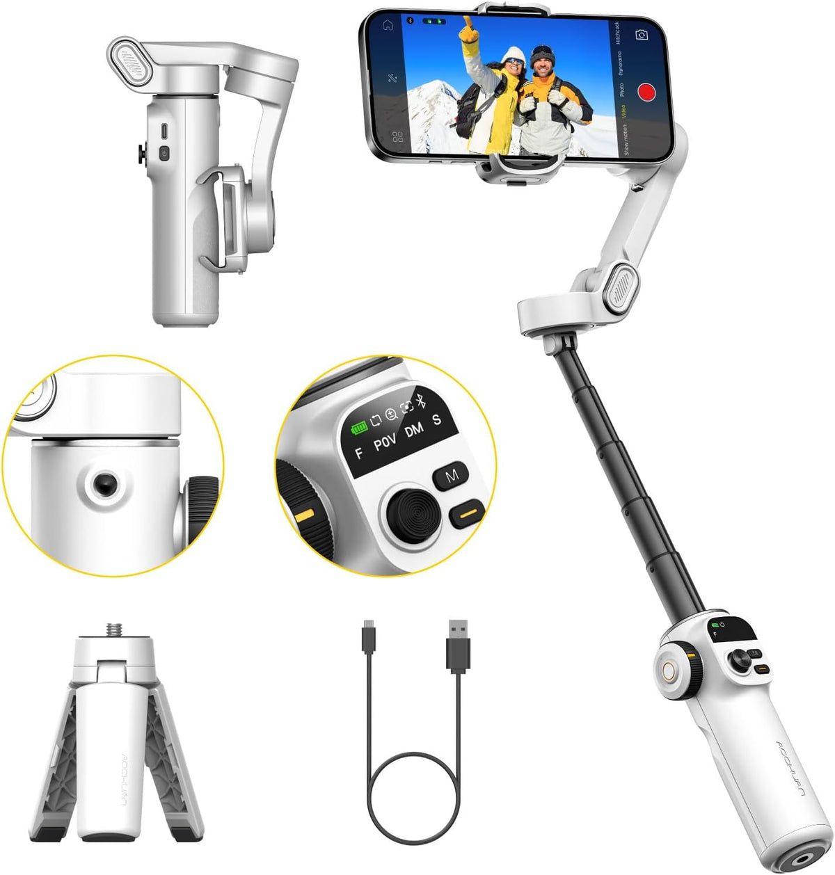 Gimbal Stabilizer for iPhone, Phone Gimbal with Face/Object Tracking for Vlog Recording, 3-Axis Phone Stabilizer with 7.8' Extension Rod and OLED Display for iPhone/Android-Smart X2 White