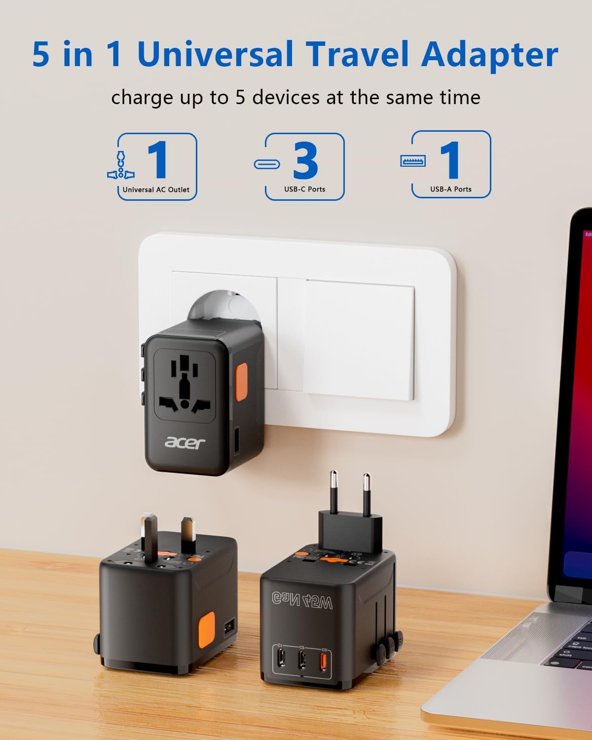 Acer 45W GaN Universal Travel Plug Adapter - International Power Adapter with 3 USB C & 1 USB A, Worldwide Power Outlet Travel Essentials for USA to European UK AUS Ireland, Type C/G/I/A, Black