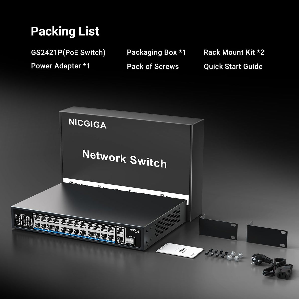 NICGIGA 24-Port Gigabit PoE Switch with 24 PoE+@300W, 2 Gigabit Uplink Ports, 1 SFP, Sturdy Metal for Desktop/Rack Mount, Plug and Play, Unmanaged Power Over Ethernet Switch