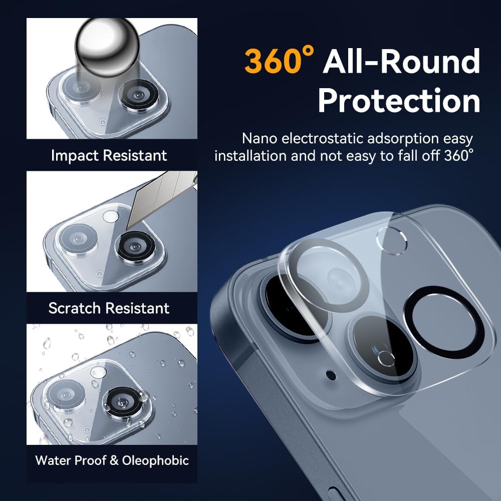 Camera Lens Protector for iPhone 15 / iPhone 14 6.1" ＆ iPhone 15 Plus/iPhone 14 Plus 6.7" ,9H Tempered Glass，Ultra HD, Scratch Resistance Easy to Install，Case Friendly，[Does not Affect Night Shots] 3-Pack
