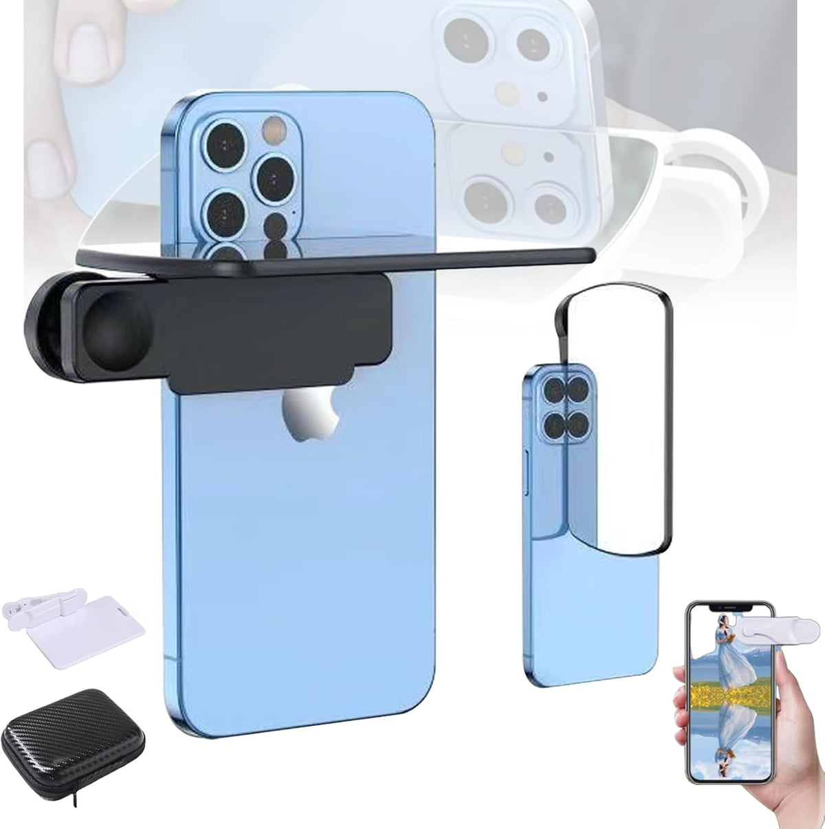 Mirror Effect Lens - Capture Stunning Reflections Instantly, Smartphone Camera Mirror Reflection Clip Kit, Adjustable HD Glass Smartphone Photography Flip Mirror, for Travel Photography (Black-1Pc)