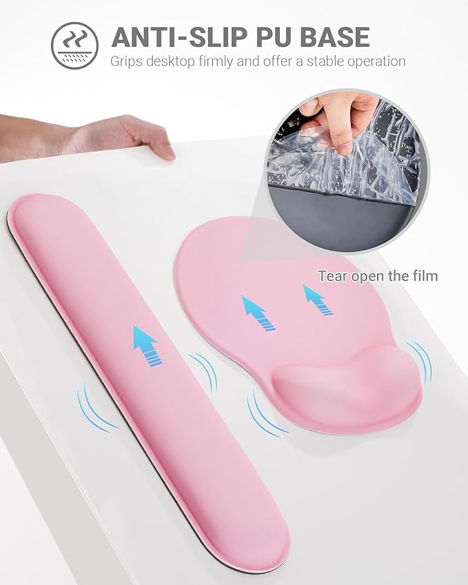 Laborio Ergonomic Mouse Pad Wrist Support Set, Memory Foam Keyboard Wrist Rest Set, Relieve Wrist Pain Keyboard Pad, Non-Slip Base Mousepad(Pink Set)