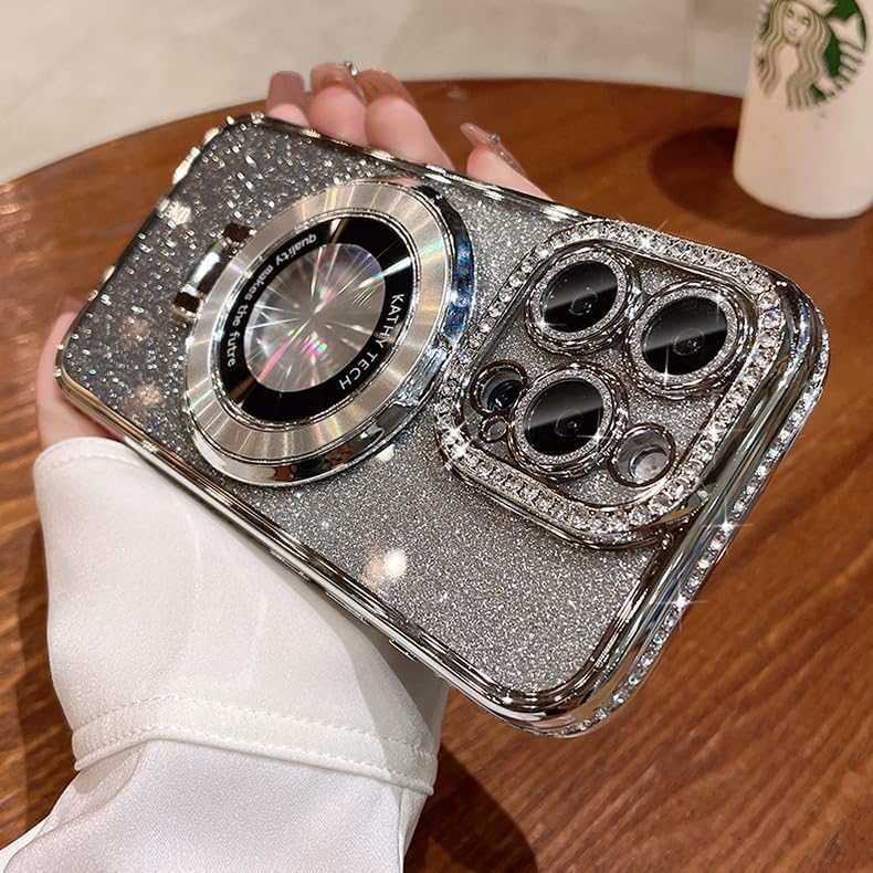 Magnetic Kickstand (Glitter Lens Protector ) Case for iPhone 15 14 13 12 Pro Max (Compatible with Magsafe ) Sparkling Diamond Cover Glitter Shiny Rhinestone Cases (Silver,for iPhone 15 Pro Max)