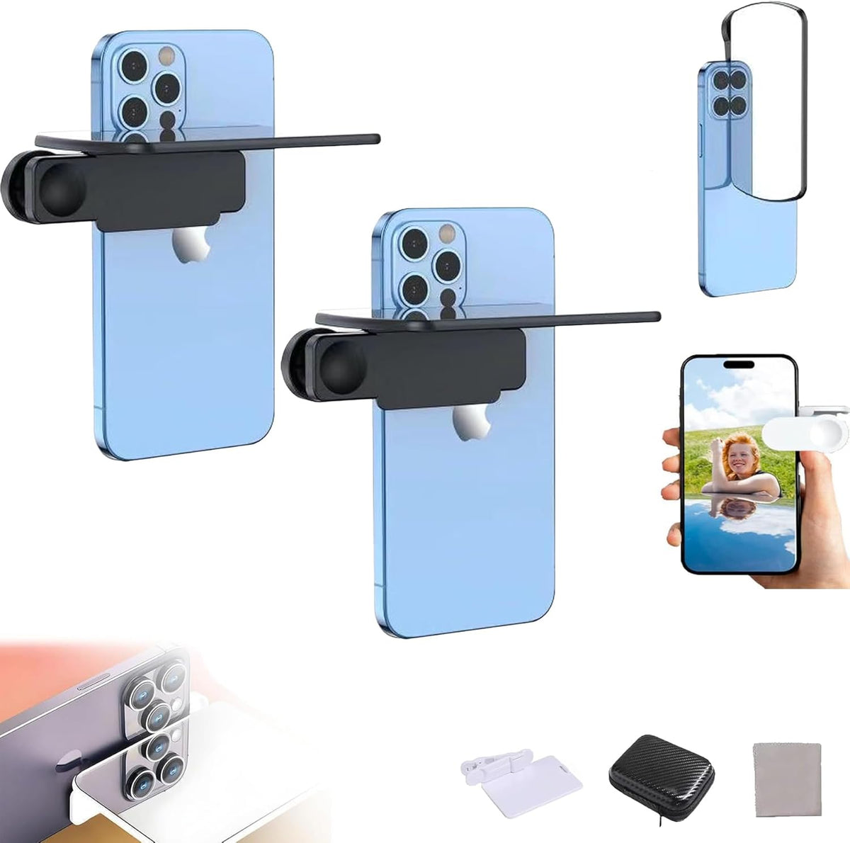Smartphone Camera Mirror Reflection Clip Kit, Adjustable HD Glass Mirror Effect Lens for Creative Photography, Vertical & Horizontal Phone Selfie Reflector, Portable Photography Accessory (2PCS-Black)