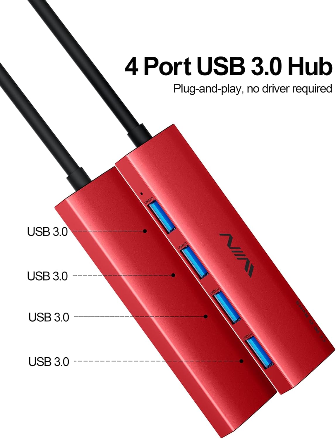 USB 3.0 Hub,4 Port USB Splitter Extender Portable Adapter Multiport Data Hub for Laptop,Xbox, Flash Drive,HDD,Console,Camera,Keyborad,Mouse Windows,Mac OS PC,Not Designed to Charge Devices-Red