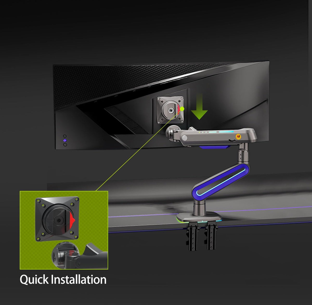 RGB Gaming Monitor-arm for Flat/Ultrawide/Curved Monitors 32 to 60 inch, Heavy Duty Stand Load up to 20 kg, VESA 75/100 mm Monitor-Mount G70-New