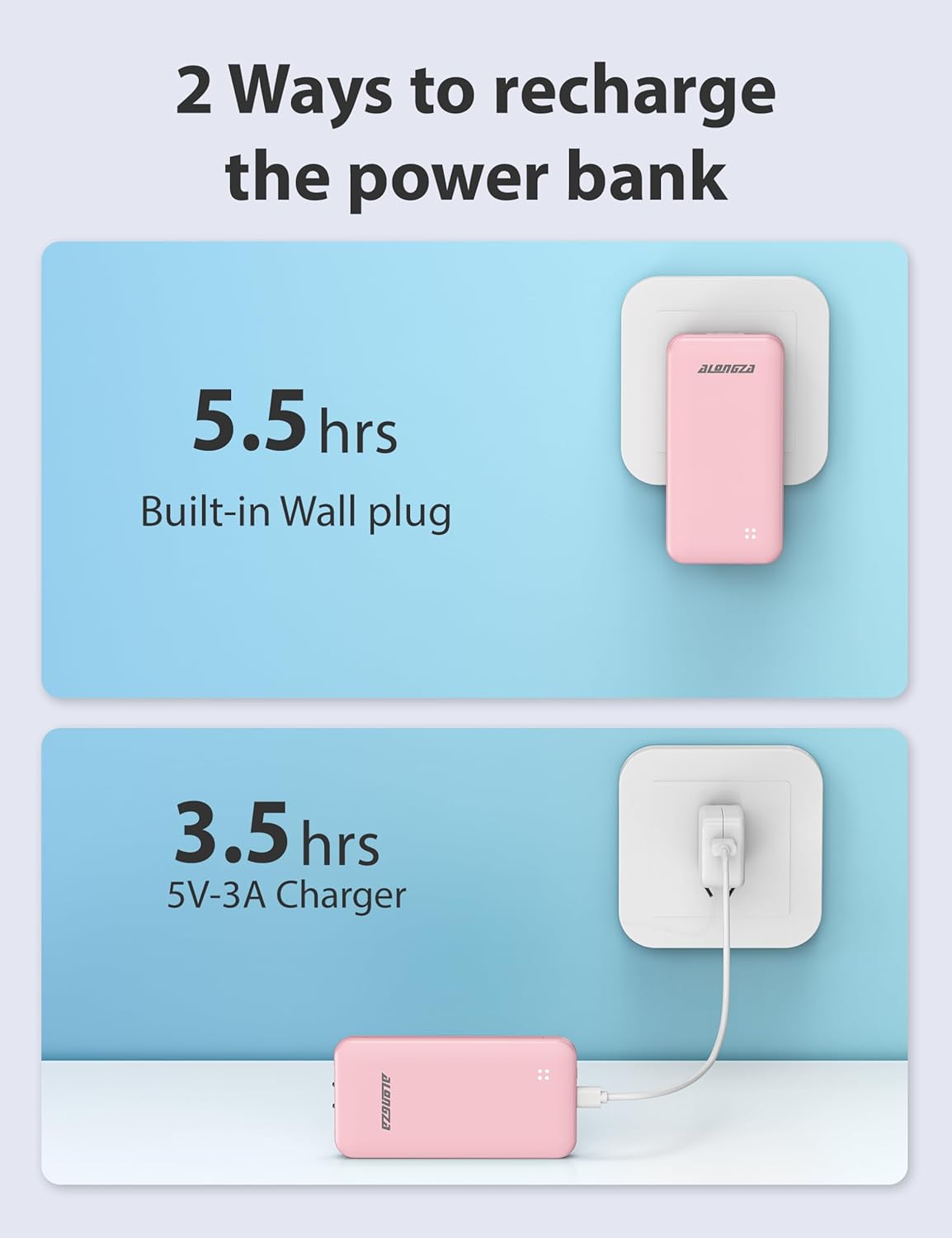 Alongza Portable Charger Built-in Cables and AC Wall Plug, Slim Fast Charging Power Bank 10000mAh, Lightweight USB C External Battery Pack Compact Travel Cell Phone Charger