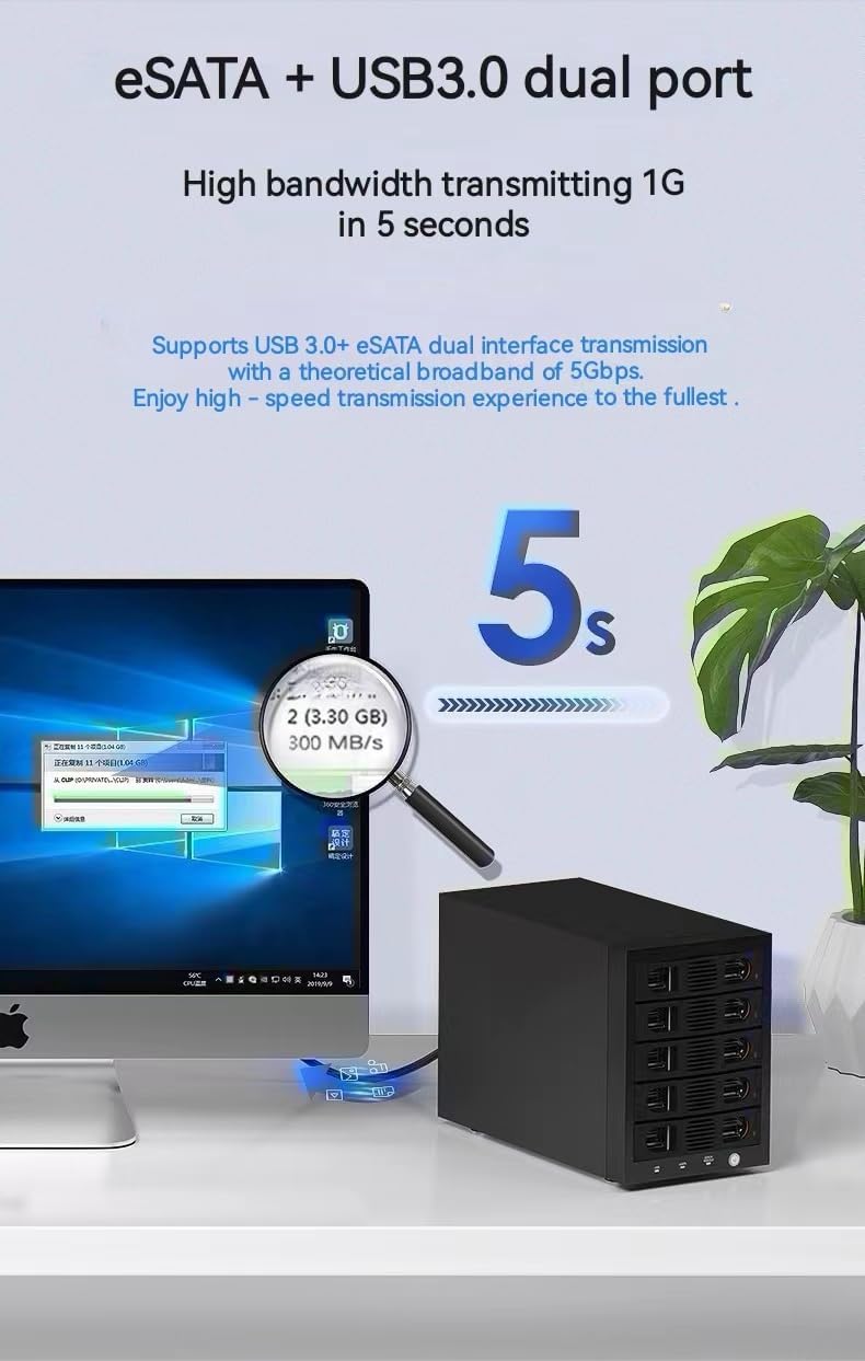 Syba 5 Bay Tool Less Tray Hot Swappable 2.5" 3.5" SATA III RAID HDD External USB 3.0 Enclosure Windows MacOS SY-ENC50118