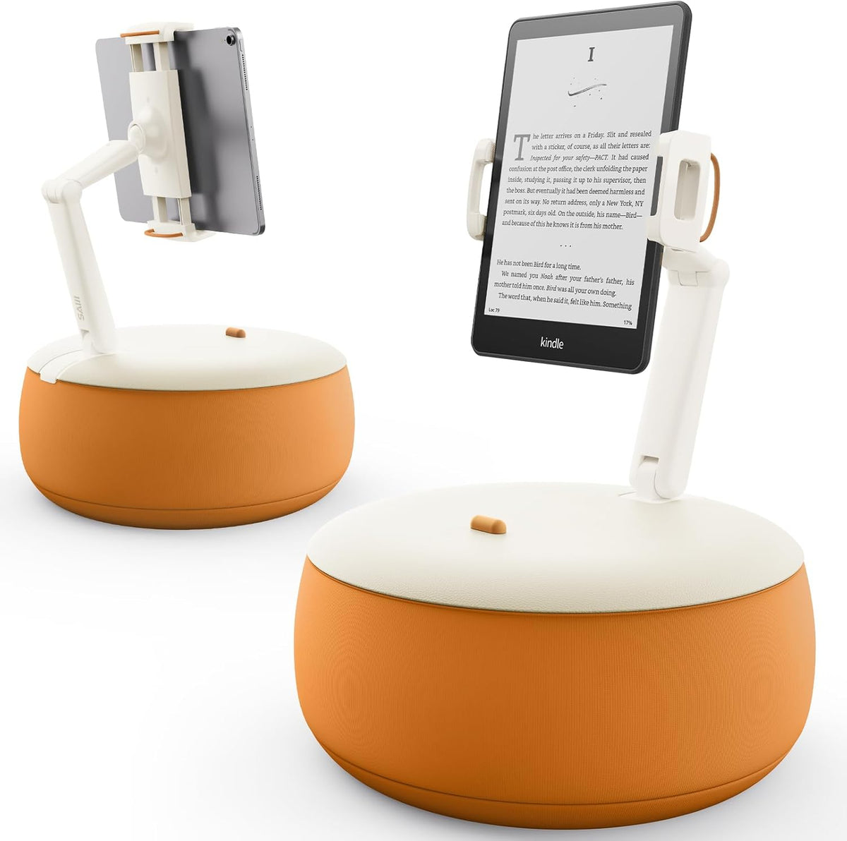 SAIJI Tablet Holder Pillow, Kindle Holder Compatible with 4.7-15.6” Kindle, Phone, Portable Monitor, 360° Adjustable Tablet Stand for Bed with Flexible Dual Axis Arm&Microbead Cushion (Orange)