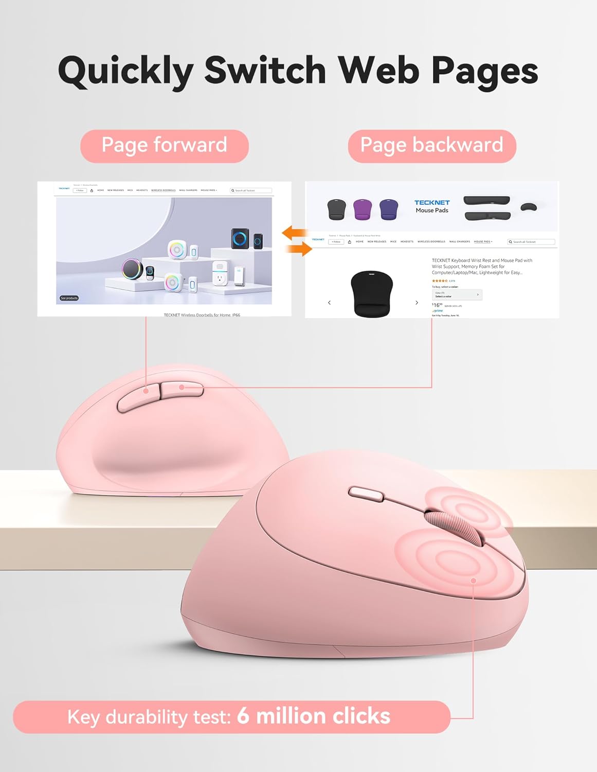 TECKNET Ergonomic Mouse, 4800 DPI Wireless Vertical Mouse, 5 Adjustable DPI Levels, 6 Buttons, 2.4G Silent Wireless Mouse for Laptop, PC, Chromebook - Pink