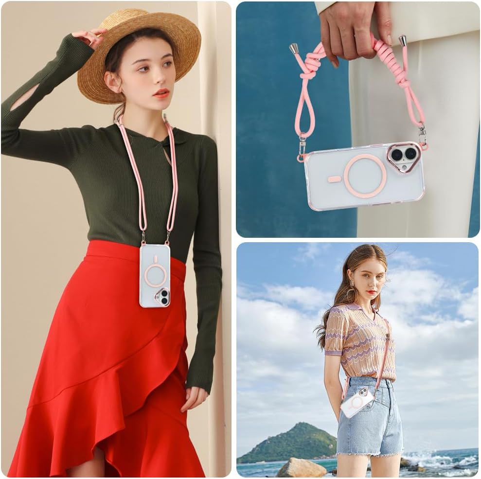 for iPhone 16 Case with 62.99 inch Lanyard, Classic Clear&Pink Magnetic Phone Case, Drop&Shockproof Protection Cases, Phone Lanyard for Around The Neck, Compatible with Magnet Accessory