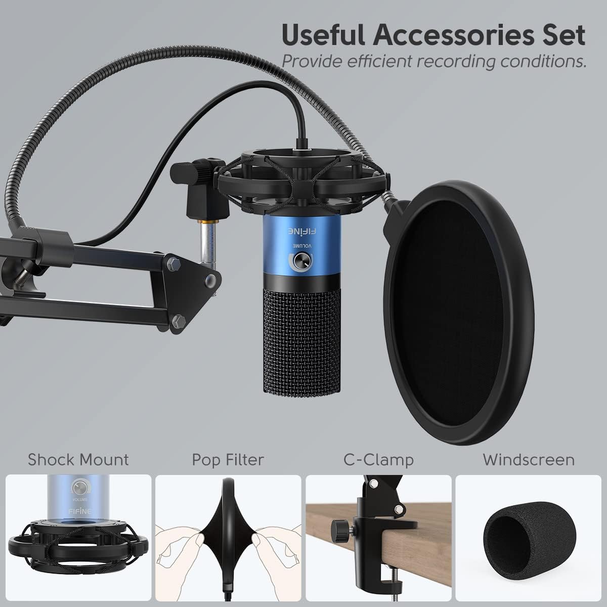 FIFINE USB Recording PC Microphone Kit, Computer Condenser Cardioid Mic on Mac Windows PS4/PS5, for Streaming, Podcasting, Gaming, Video, Home Use, with Gain Knob, Arm Stand-T669 Blue