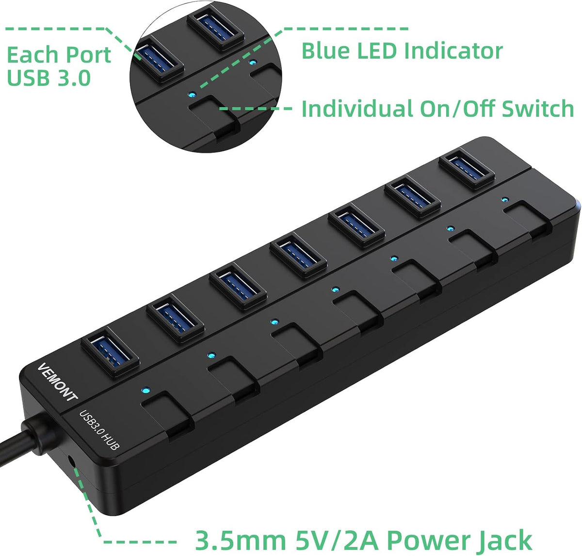 VEMONT USB hub,Computer Peripheral Equipment 7-Port USB 3.0 hub with 5V2A Power Adapter and Individual On/Off Switches,USB Charging hub 4ft/1.2m Long Cable