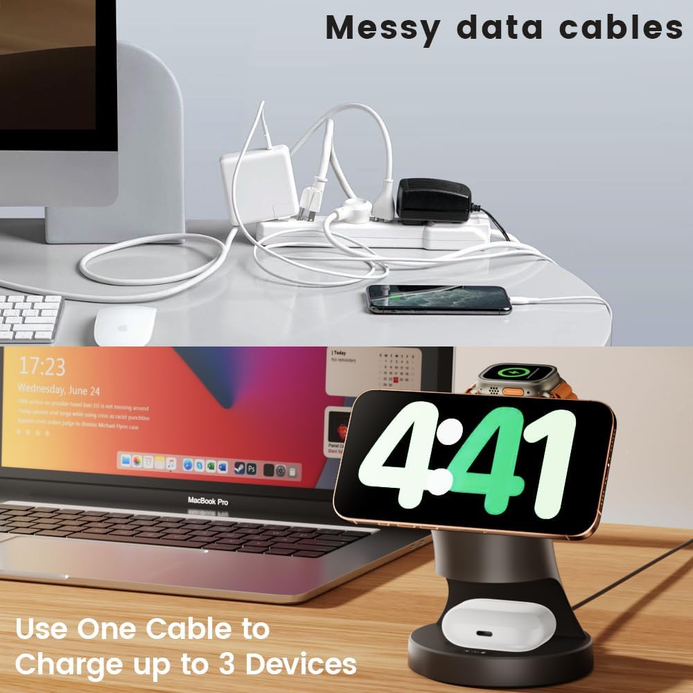 3 in 1 Wireless Charging Station for Apple Devices,Magsafe Charger Stand for IPhone16 15 14 13 12 Pro/Max/Plus/Mini Wireless Charger Station for AirPods 2/3/Pro iWatch Ultra/8/7/SE/6/5/4/3/2