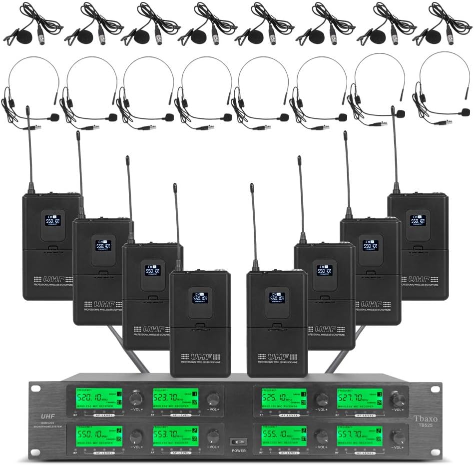 WENWEN Wireless Microphone System UHF 8 Channel 8 Lavalier Bodypacks 8 Lapel Mic 8 Headsets for Karaoke System Church Speaking Conference Wedding Party 3 Year Warranty