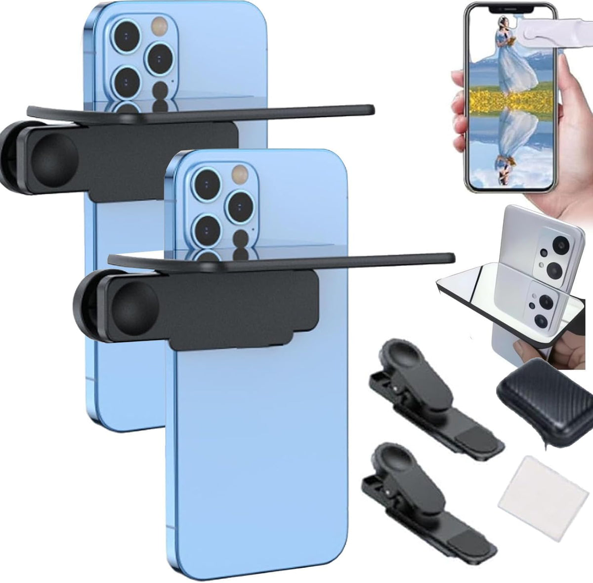 Mirror Effect Lens - Capture Stunning Reflections Instantly,Camera Mirror Reflection Clip for Back Camera Recording, Adjustable Hd Glass Phone Shooting Reflection Mirror (2pcs Black)