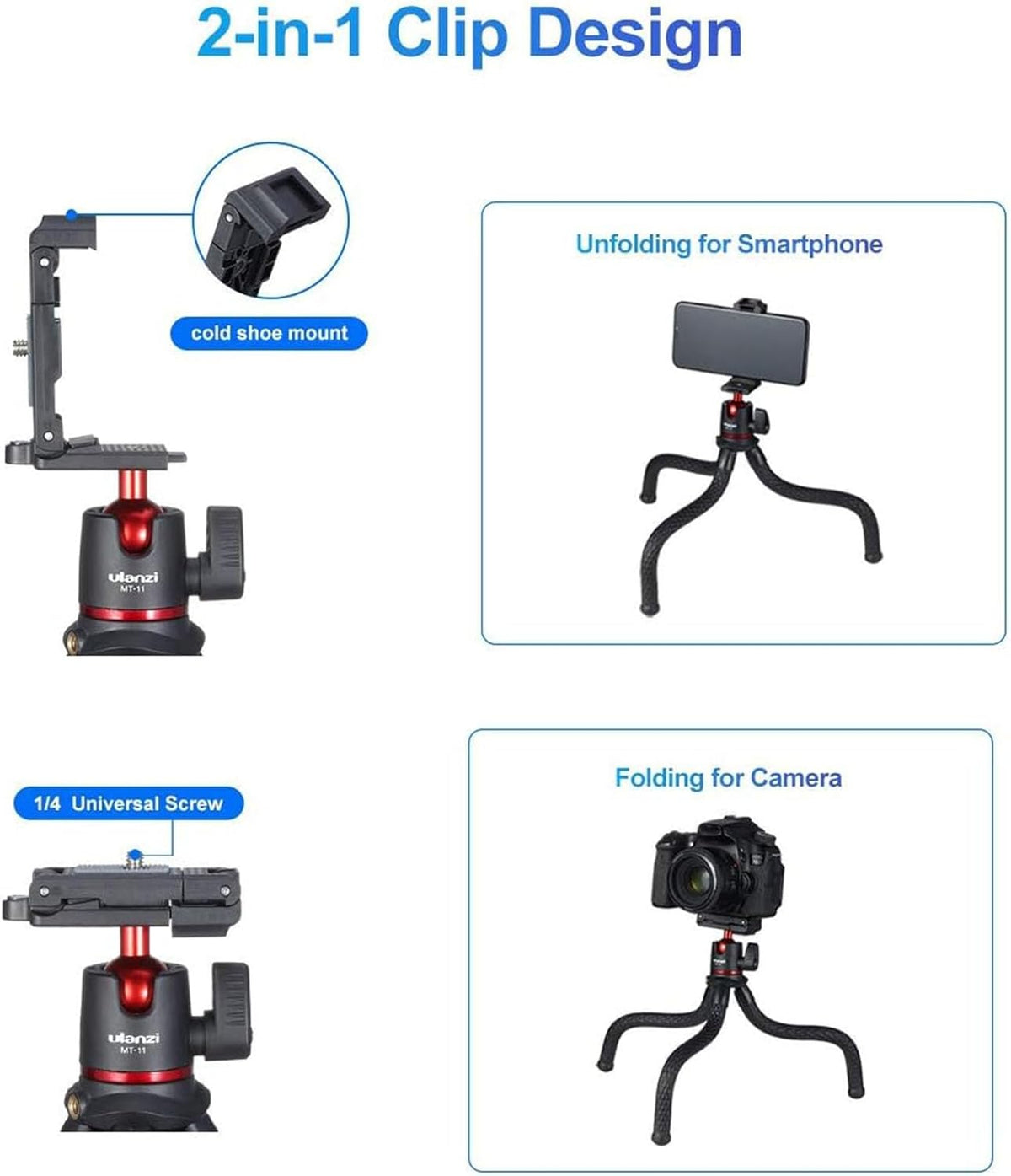 ULANZI Camera Tripod, Mini Flexible Stand w Hidden Phone Holder w Cold Shoe Mount, 1/4'' Screw f Magic Arm, Universal f iPhone 16 15 14 Pro Max XS Max X 8 Samsung Canon Nikon Sony DJ Pocket 3 Cameras