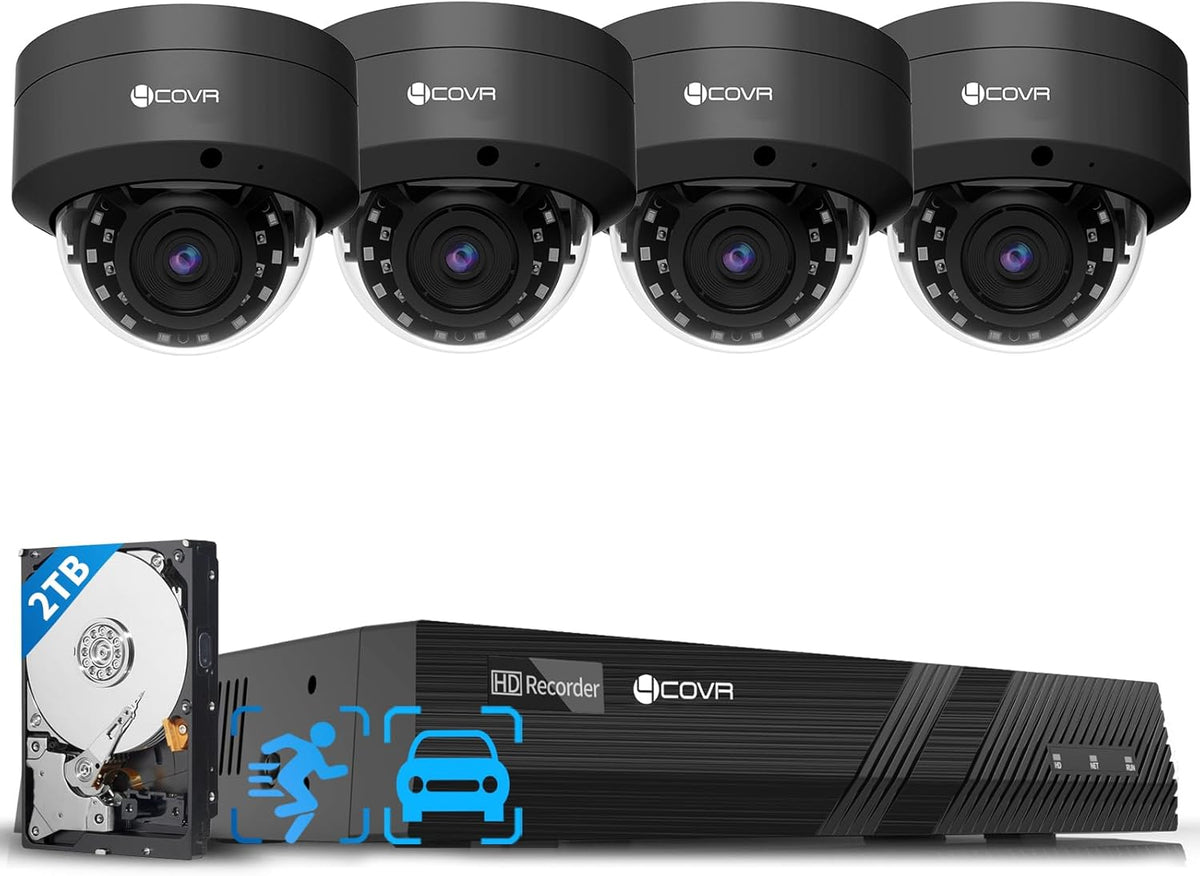 4COVR 4K PoE Security Camera System, AI Human Vehicle Detection, 4Pcs 8MP IK10 Vandal-Proof Dome IP Camera with Mic, 8CH 8MP H.265 NVR with 2TB HDD, IP67 Home Weatherproof Outdoor, LY54AB8M0804