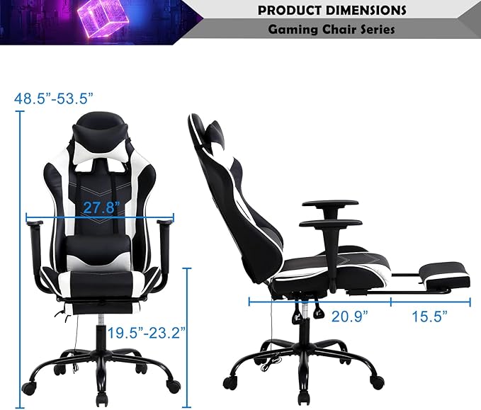 Video Game Chair Ergonomic PC Gaming Chair PU Leather Computer Game Chair with Headrest and Footrest Adjustable Armrest High Back Lumbar Support Racing Swivel Chair for Adults Kids White