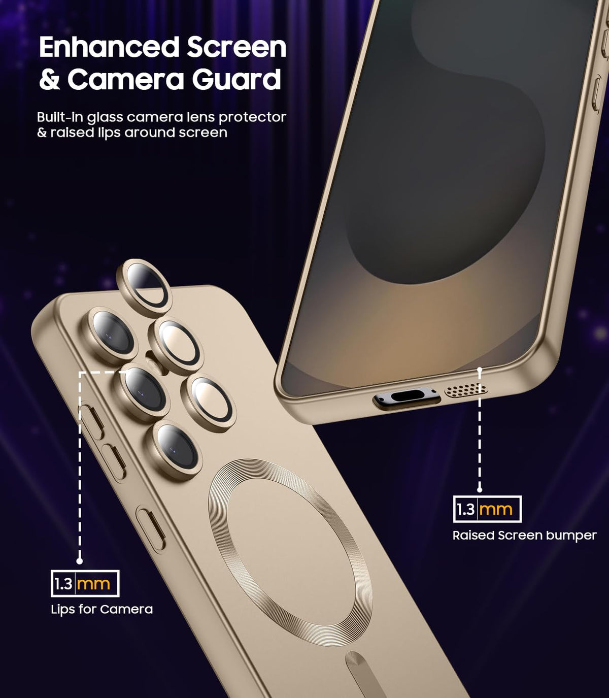 Magnetic for Samsung Galaxy S25 Case [Compatible with MagSafe][Built-in Camera Lens Protector] Slim Soft Silicone Bumper Shockproof Metallic Luster Phone Shell (Gold)