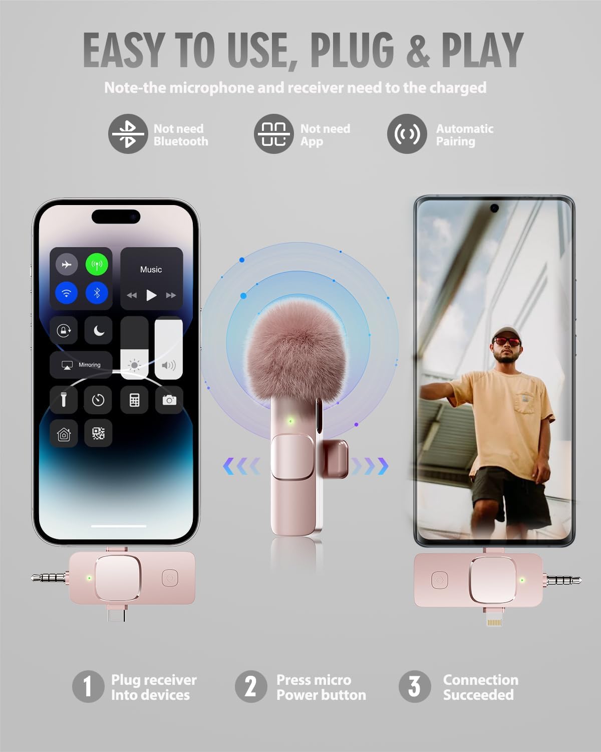 PQRQP 3 in 1 Wireless Lavalier Microphone for iPhone, iPad, Android, Camera, Mini Microphone, 7-Hour Battery, High Definition Sound Quality for Interview, Video Podcast, Vlog (Pink)