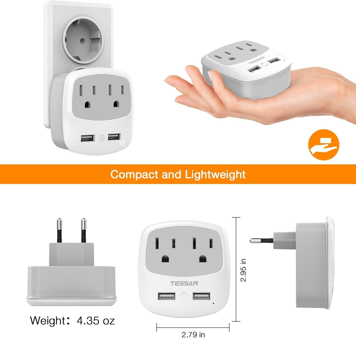 TESSAN European Travel Plug Adapter 2 Pack, US to Europe Power Adaptor with 2 USB 2 AC Outlets, International Charger USA to Most of EU Italy Iceland Spain France Greece Germany (Type C)