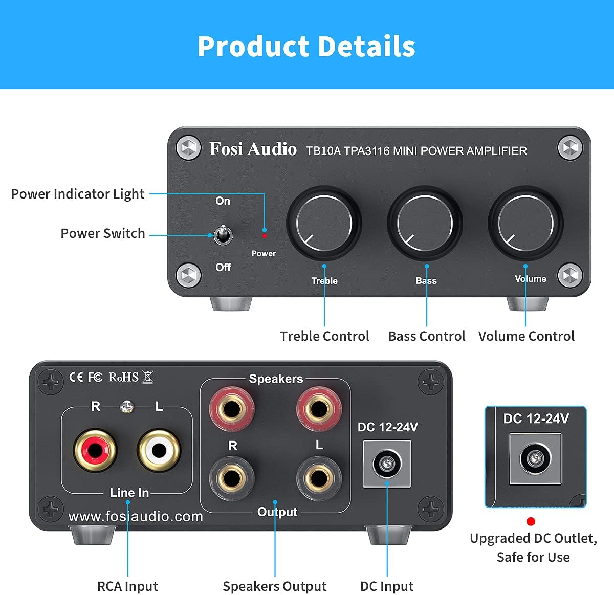 Fosi Audio TB10A 2 Channel Stereo Audio Amplifier Receiver Mini Hi-Fi Class D Integrated Amp 2.0CH for Home Speakers 100W x 2 with Bass and Treble Control TPA3116(with Power Supply)